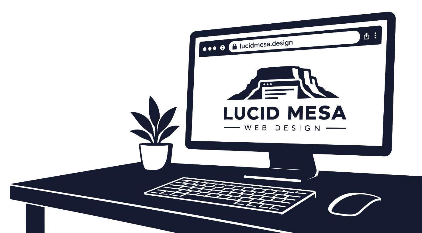 Illustration of a desk with a plant, keyboard and a monitor showing the Lucid Mesa Web Design logo